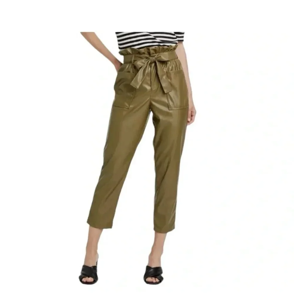 Who What Wear Olive Green Ankle Pants Belted Faux-Leather Paper Bag Trouser 16 - Picture 2 of 14